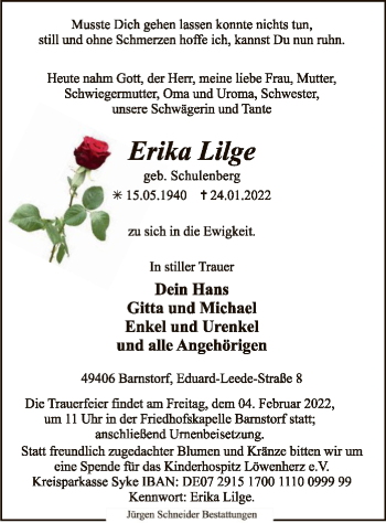 Traueranzeige von Erika Lilge von SYK