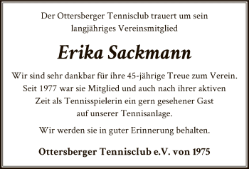 Traueranzeige von Erika Sackmann von SYK