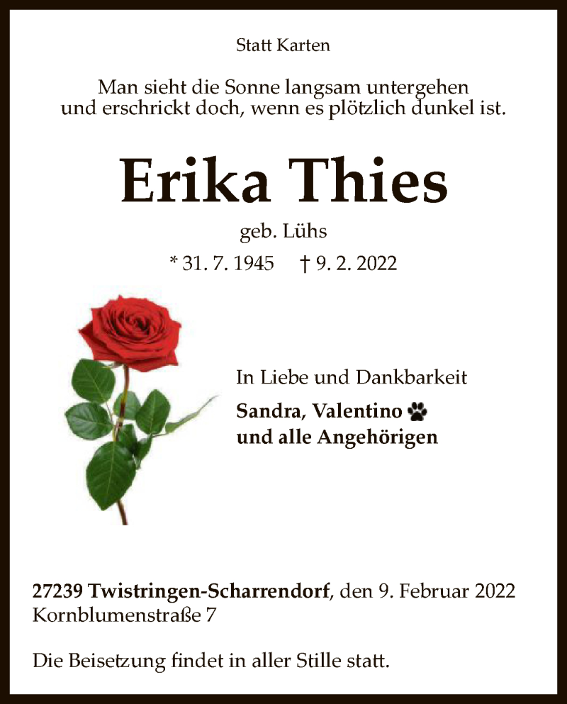  Traueranzeige für Erika Thies vom 16.02.2022 aus SYK