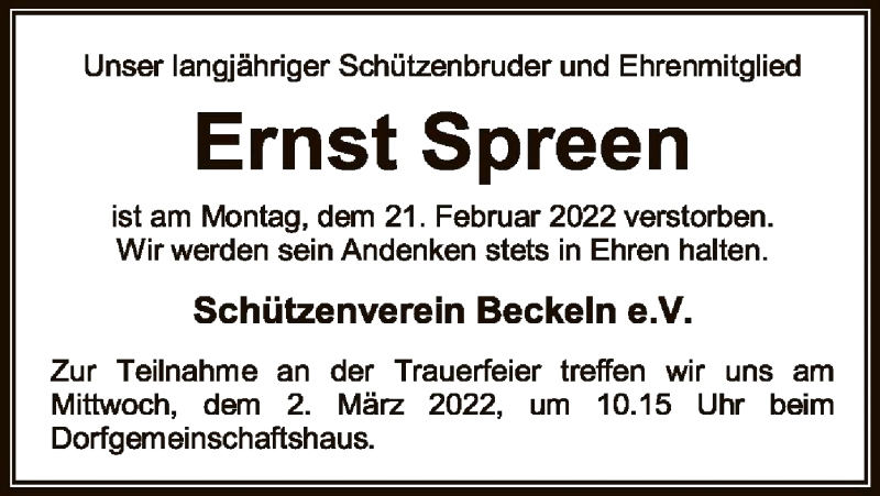  Traueranzeige für Ernst Spreen vom 24.02.2022 aus SYK