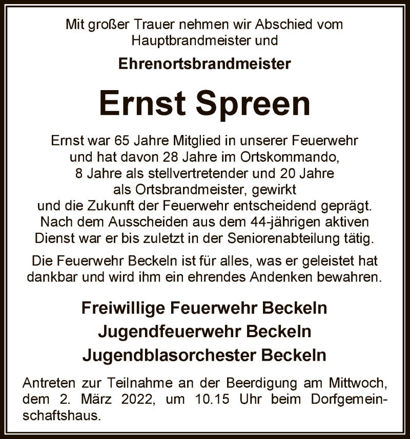  Traueranzeige für Ernst Spreen vom 24.02.2022 aus SYK