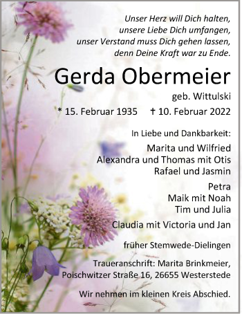 Traueranzeige von Gerda Obermeier von SYK