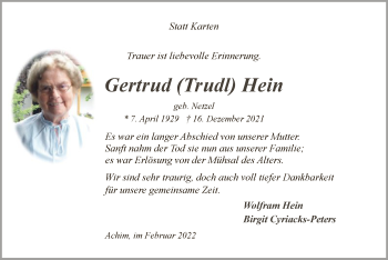 Traueranzeige von Gertrud Hein von SYK