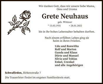 Traueranzeige von Grete Neuhaus von SYK