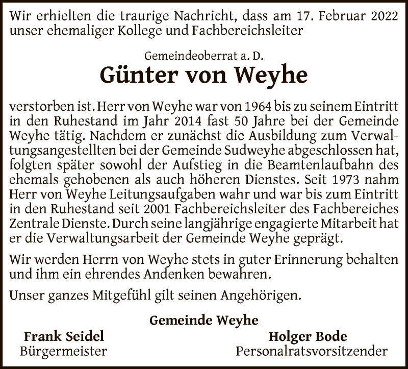  Traueranzeige für Günter von Weyhe vom 24.02.2022 aus SYK