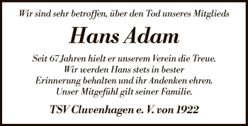 Traueranzeige von Hans Adam von SYK