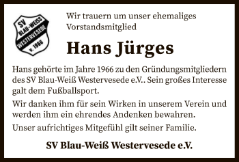 Traueranzeige von Hans Jürges von SYK