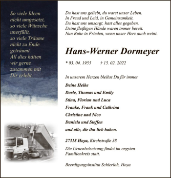 Traueranzeige von Hans-Werner Dormeyer von SYK