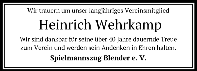  Traueranzeige für Heinrich Wehrkamp vom 05.02.2022 aus SYK