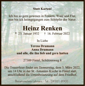 Traueranzeige von Heinz Renken von SYK