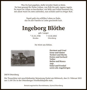 Traueranzeige von Ingeborg Blöthe von SYK