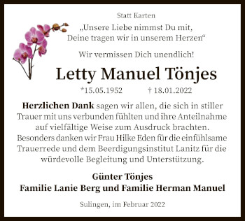 Traueranzeige von Letty Manuel Tönjes von SYK