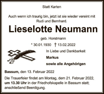 Traueranzeige von Lieselotte Neumann von SYK