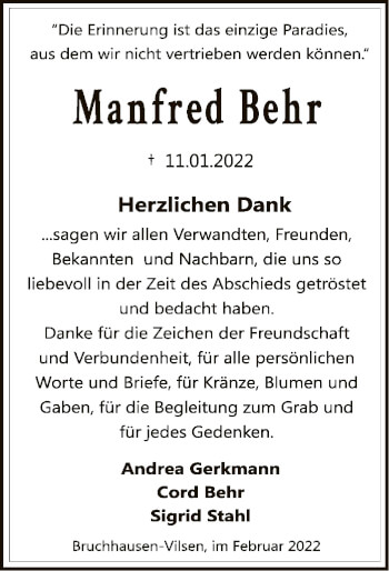 Traueranzeige von Manfred Behr von SYK