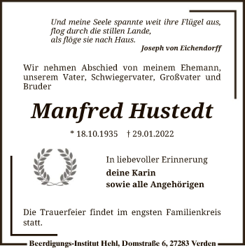 Traueranzeige von Manfred Hustedt von SYK