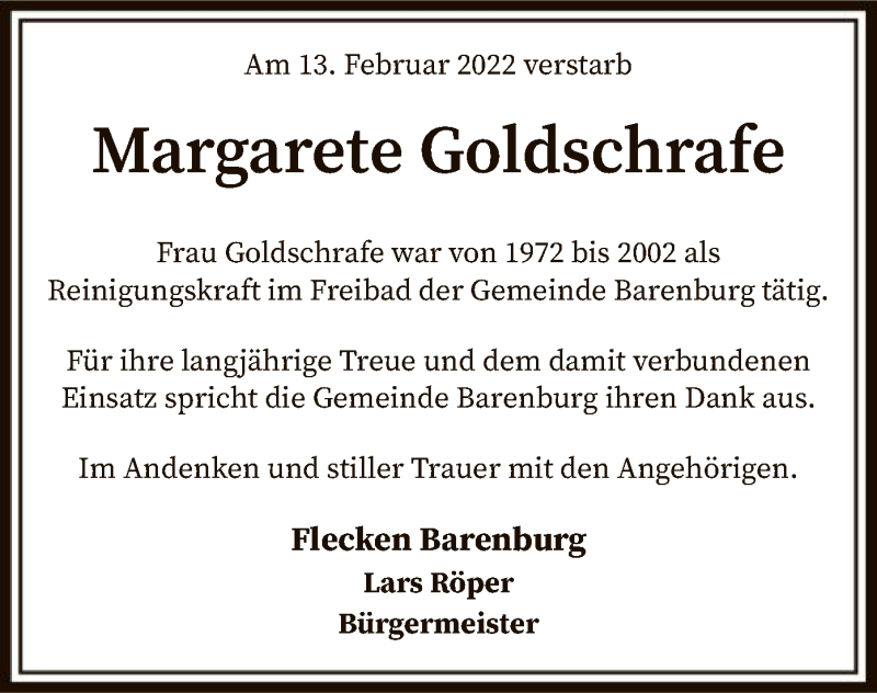  Traueranzeige für Margarete Goldschrafe vom 19.02.2022 aus SYK