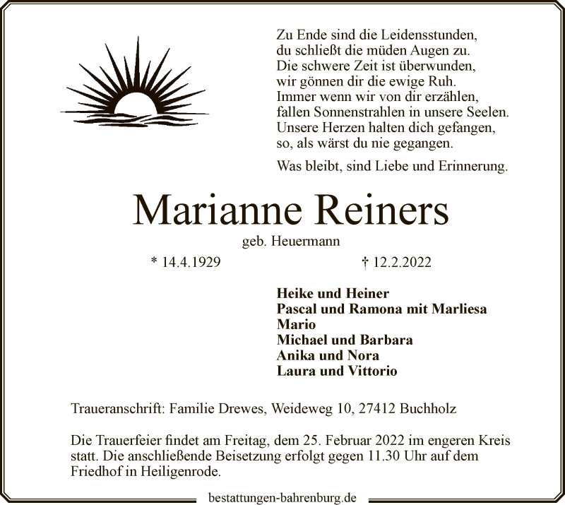  Traueranzeige für Marianne Reiners vom 19.02.2022 aus SYK