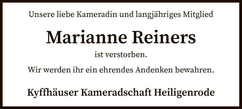  Traueranzeige für Marianne Reiners vom 22.02.2022 aus SYK