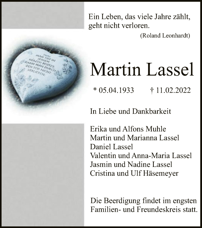  Traueranzeige für Martin Lassel vom 12.02.2022 aus SYK