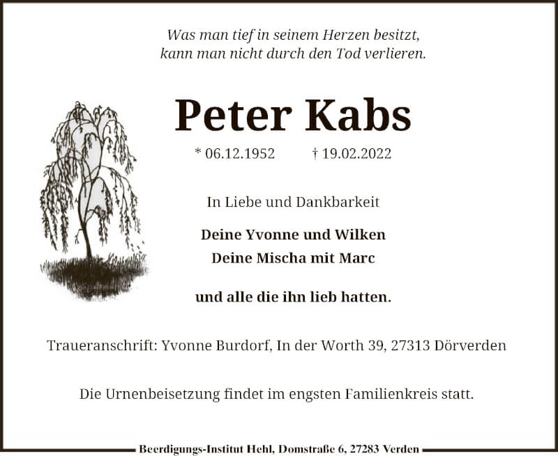  Traueranzeige für Peter Kabs vom 26.02.2022 aus SYK