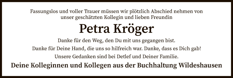  Traueranzeige für Petra Kröger vom 08.02.2022 aus SYK