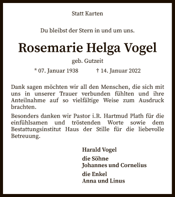 Traueranzeige von Rosemarie Helga Vogel von SYK