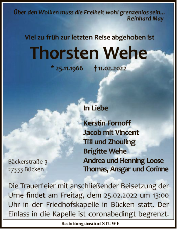 Traueranzeige von Thorsten Wehe von SYK