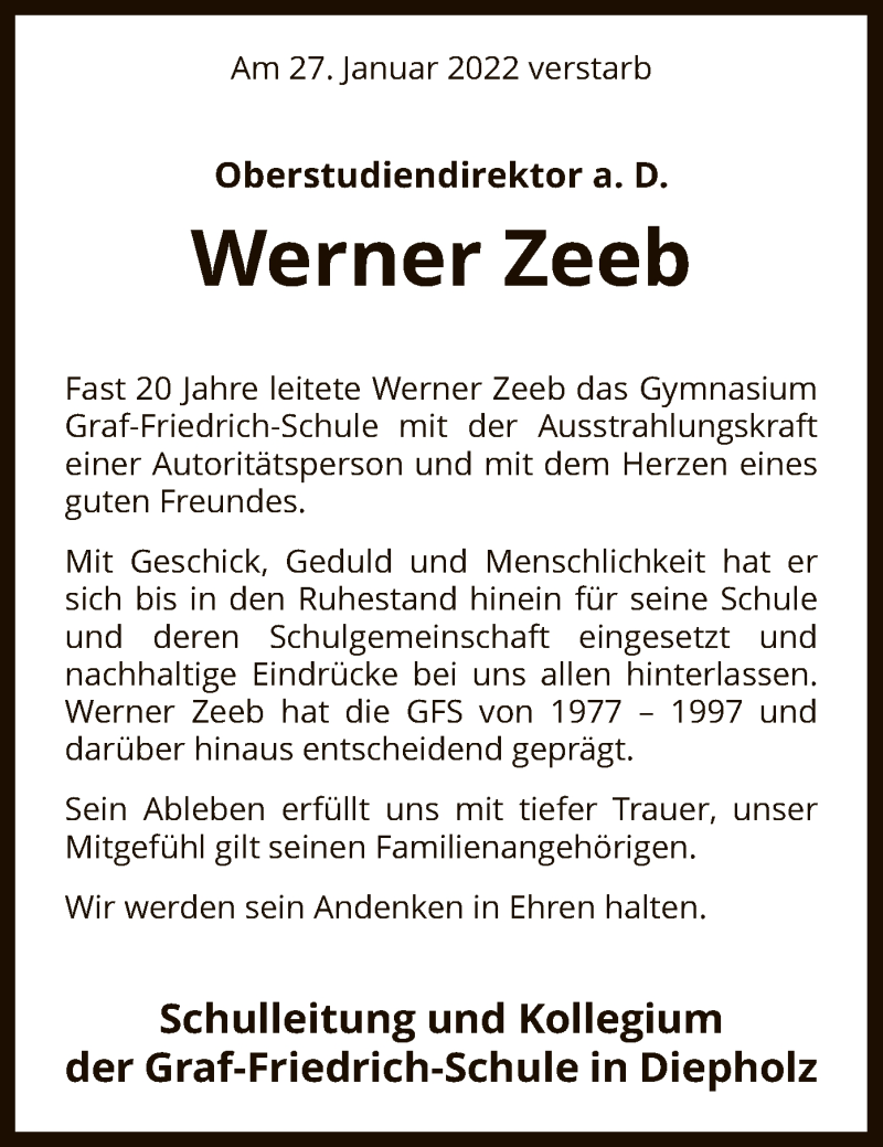  Traueranzeige für Werner Zeeb vom 05.02.2022 aus SYK