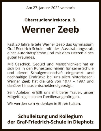 Traueranzeige von Werner Zeeb von SYK