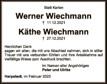 Traueranzeige von Werner und Käthe Wiechmann von SYK