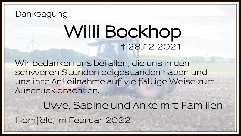  Traueranzeige für Willi Bockhop vom 12.02.2022 aus SYK