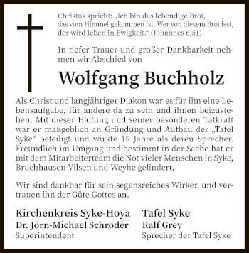 Traueranzeige von Wolfgang Buchholz von SYK