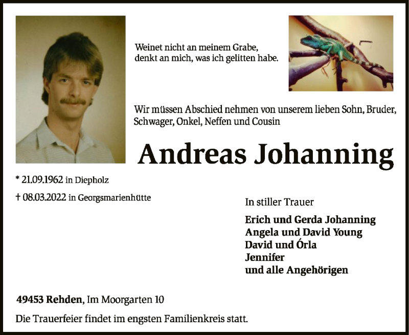  Traueranzeige für Andreas Johanning vom 12.03.2022 aus SYK