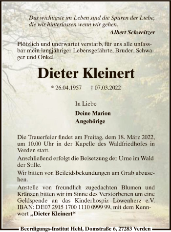 Traueranzeige von Dieter Kleinert von SYK