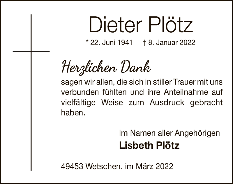  Traueranzeige für Dieter Plötz vom 19.03.2022 aus SYK