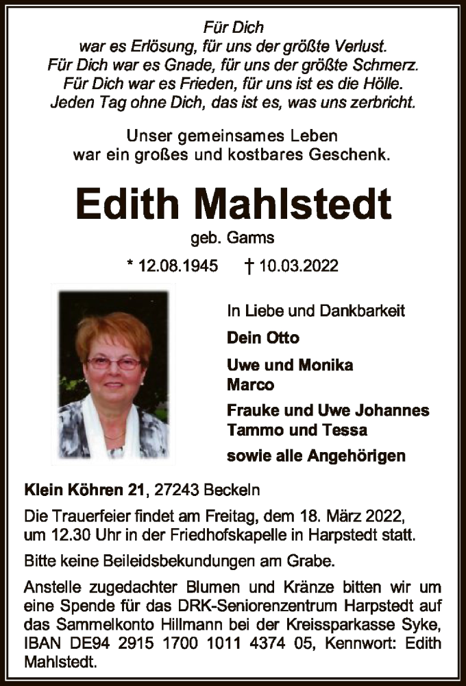  Traueranzeige für Edith Mahlstedt vom 12.03.2022 aus SYK