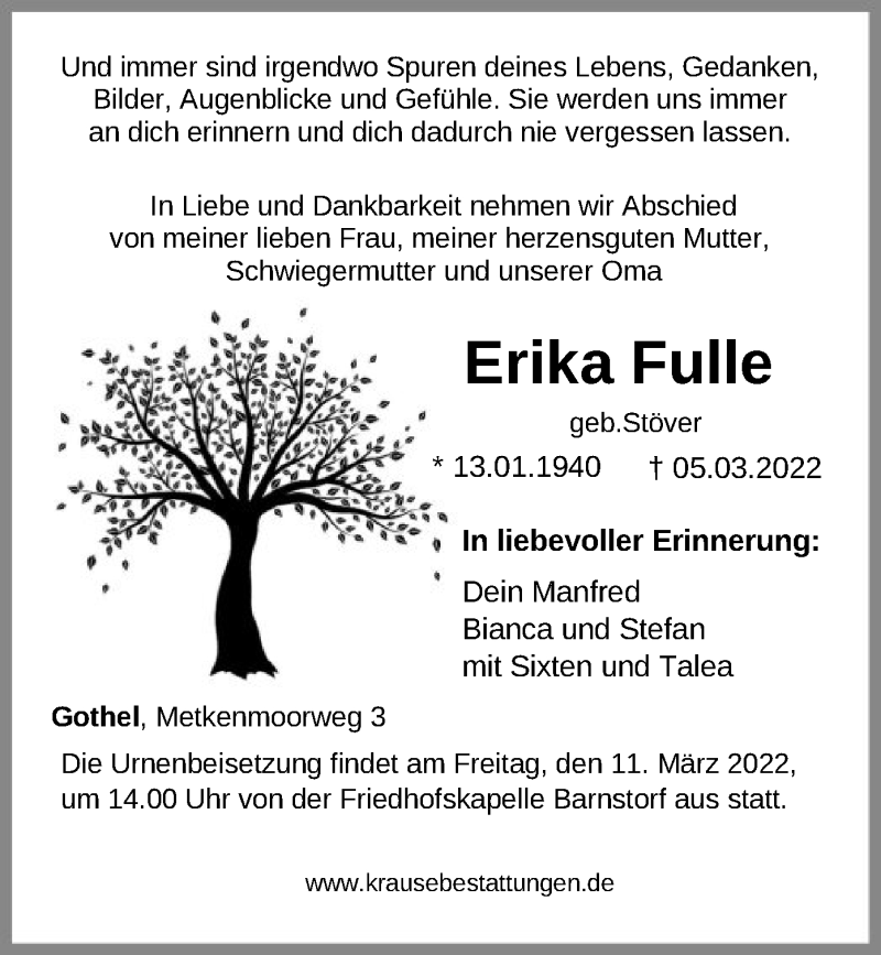  Traueranzeige für Erika Fulle vom 08.03.2022 aus SYK