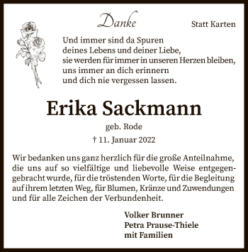 Traueranzeige von Erika Sackmann von SYK