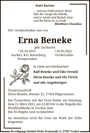 Traueranzeige von Erna Beneke von SYK