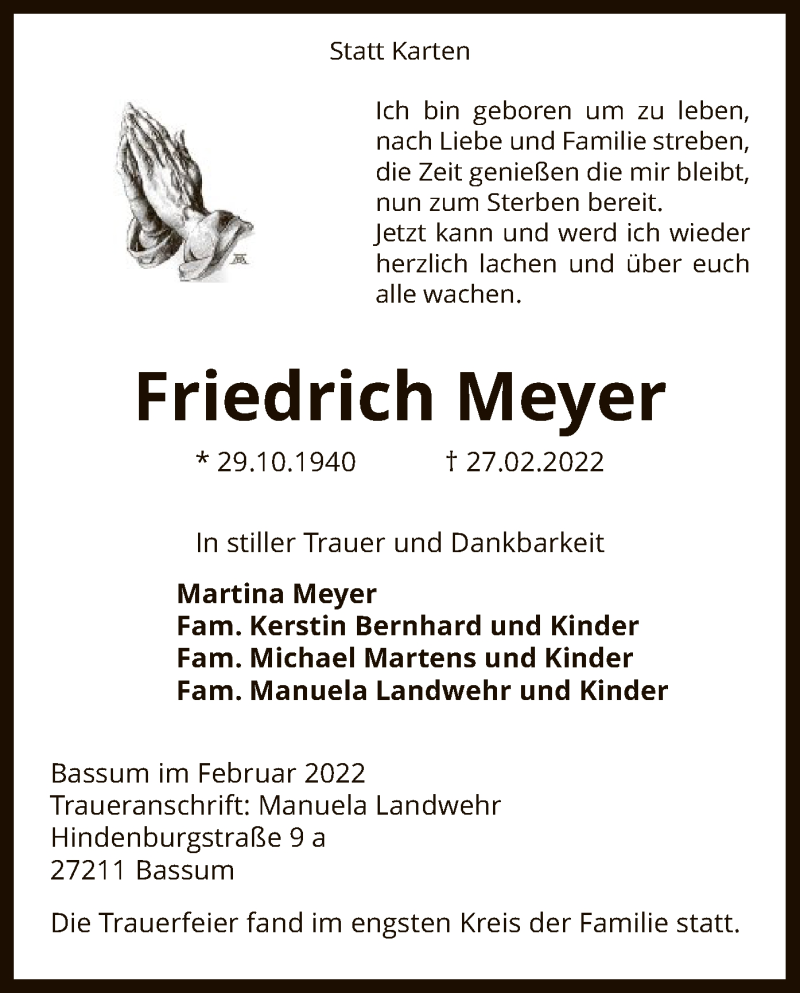  Traueranzeige für Friedrich Meyer vom 12.03.2022 aus SYK