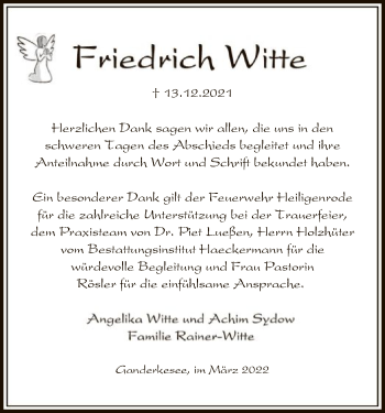 Traueranzeige von Friedrich Witte von SYK