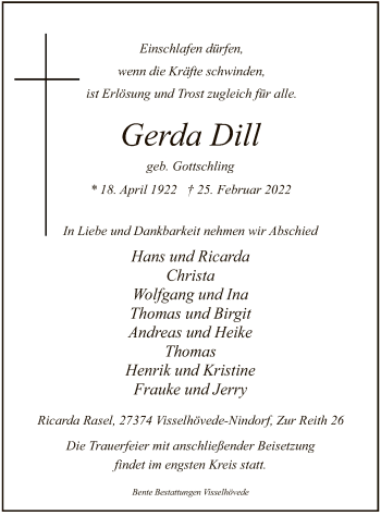 Traueranzeige von Gerda Dill von SYK