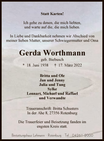 Traueranzeige von Gerda Worthmann von SYK