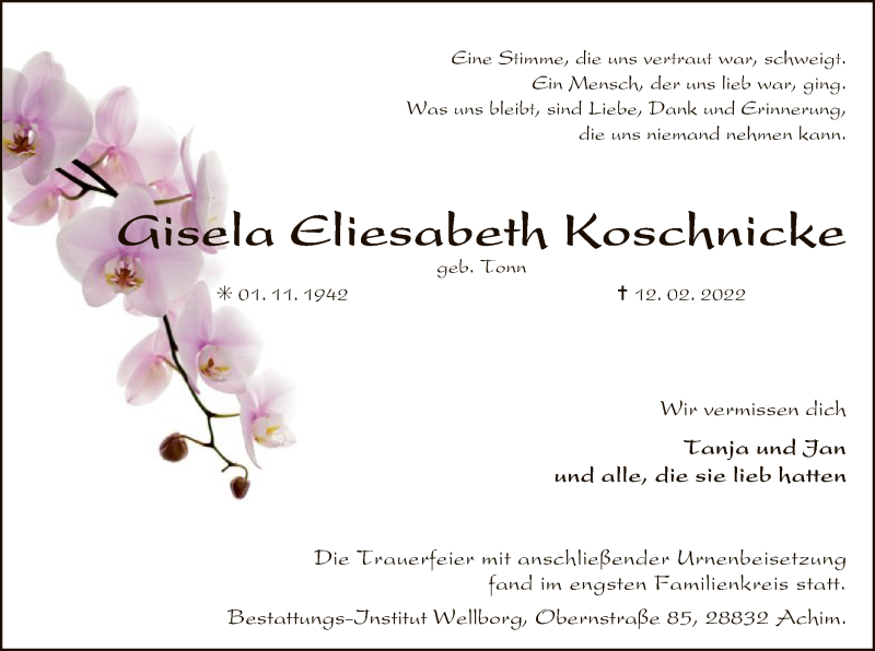  Traueranzeige für Gisela Eliesabeth Koschnicke vom 15.03.2022 aus SYK