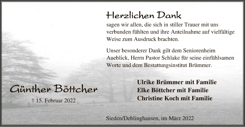  Traueranzeige für Günther Böttcher vom 19.03.2022 aus SYK