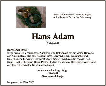 Traueranzeige von Hans Adam von SYK