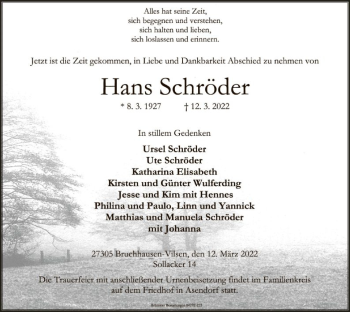 Traueranzeige von Hans Schröder von SYK