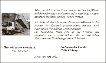 Traueranzeige von Hans-Werner Dormeyer von SYK