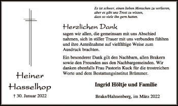 Traueranzeige von Heiner Hasselhop von SYK