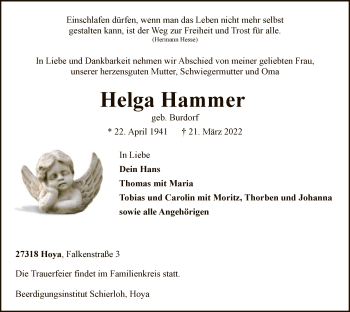 Traueranzeige von Helga Hammer von SYK